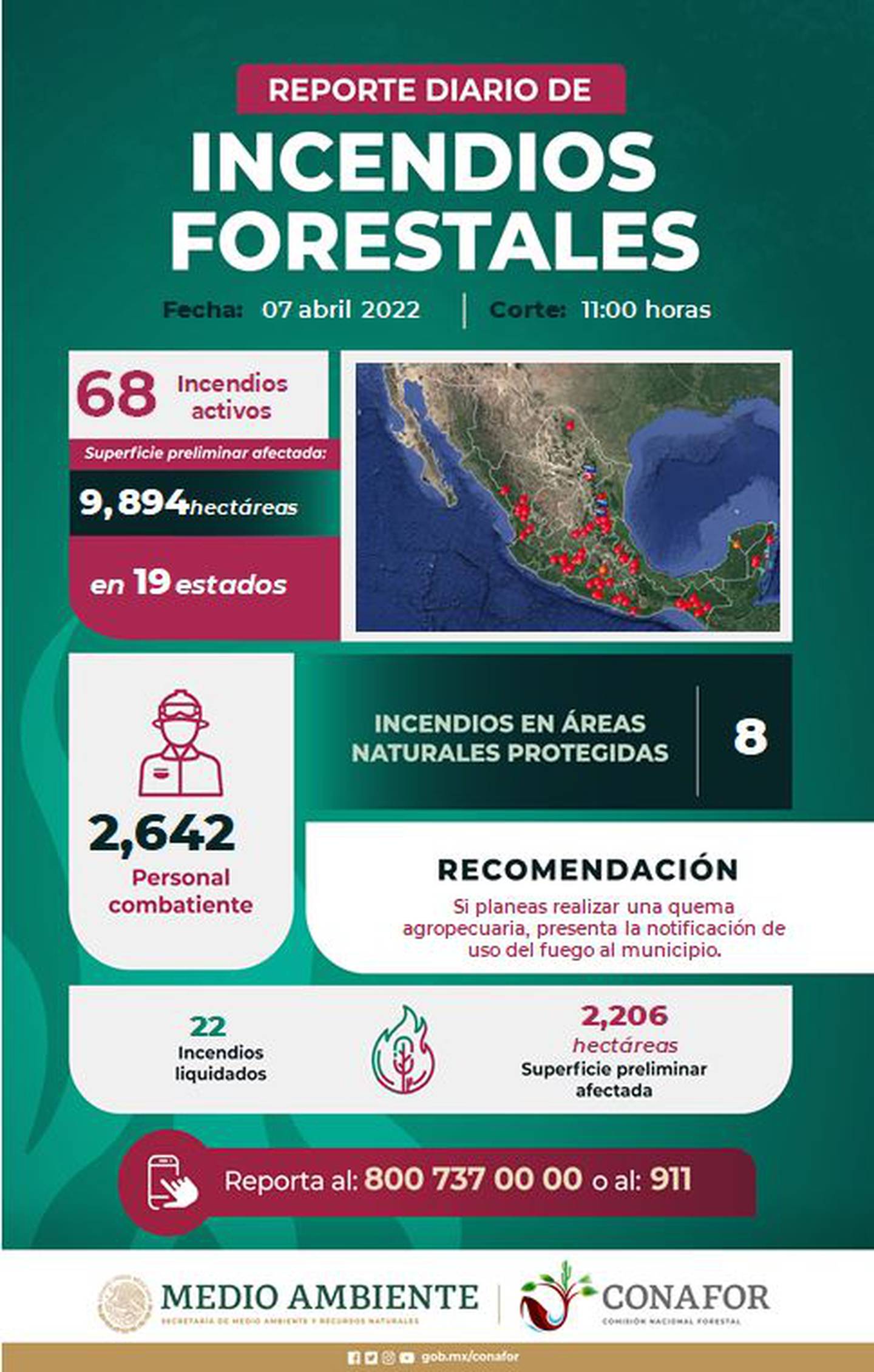 Conafor reporta 68 incendios en México en lo que va de 2022
