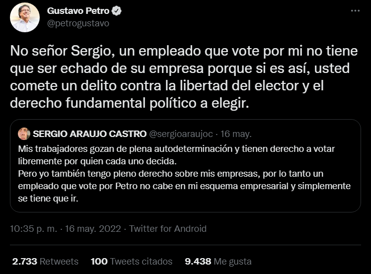 A través de Twitter, Gustavo Petro le contestó al empresario Sergio Araújo tras advertir que los trabajadores que voten por el candidato del Pacto Histórico serán despedidos. FOTO: Vía Twitter (@petrogustavo)