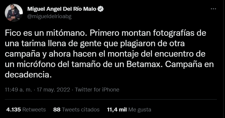 Miguel Angel del Río envió trino contra Federico Gutiérrez tras el micrófono hallado en su sede de campaña de Medellín FOTO: Vía Twitter