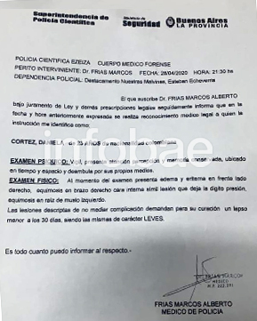 La pericia médica donde se confirman los golpes recibidos por Cortes