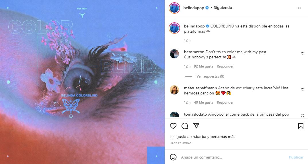 Con este post, Belinda anunció su nuevo sencillo. (Captura: @belindapop/Instagram)