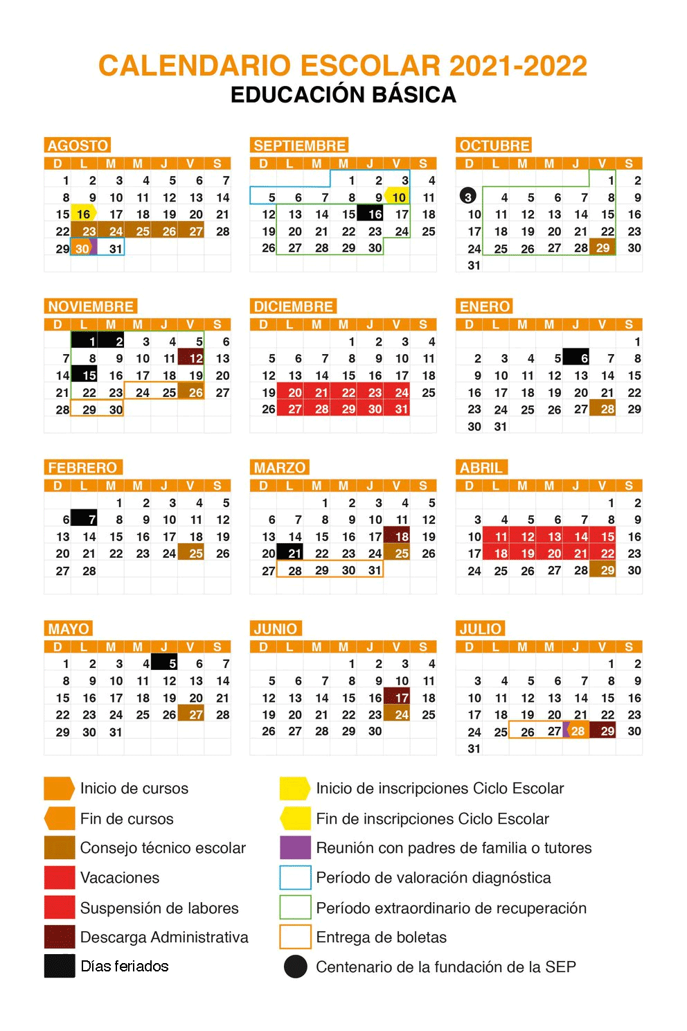 Calendario oficial del ciclo escolar 2021-2022. Infobae