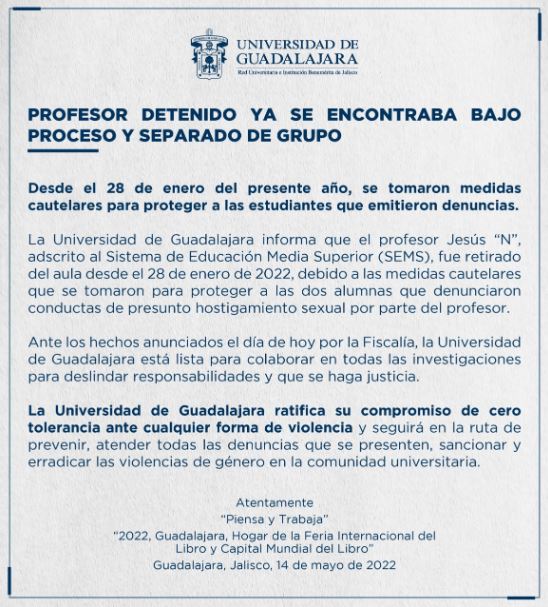 Comunicado de la Universidad (foto: @udg_oficial)