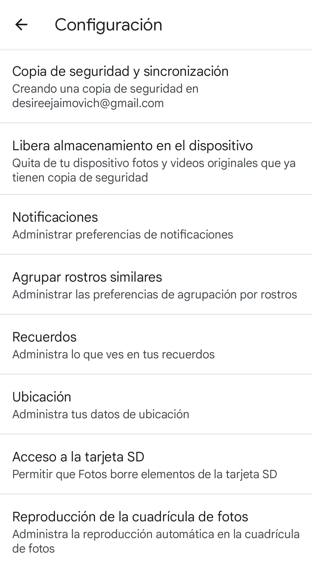 Configuración de Google fotos