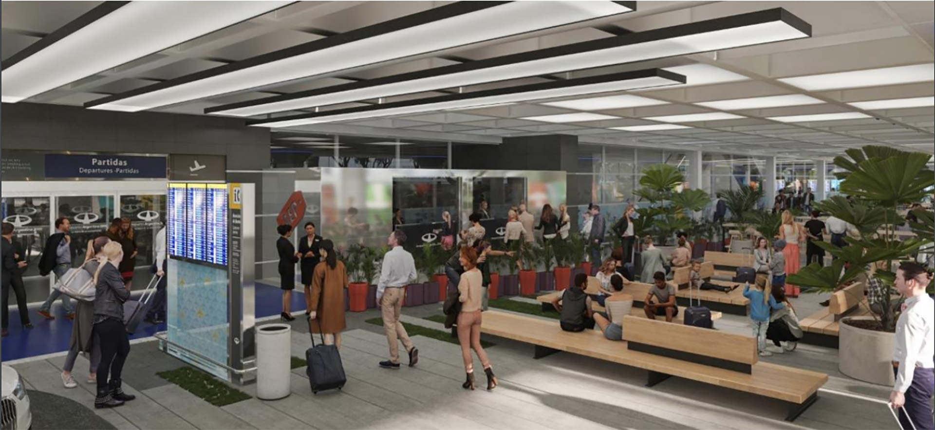 En la sala semi descubierta de Pre Check-in habrá foodtrucks, embalaje de equipaje, comercios y más servicios