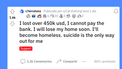 Usuario dijo que perdió US 450 mil dólares invertidos en criptos y ahora solo le queda el suicidio (Foto: Captura de pantalla/Reddit)