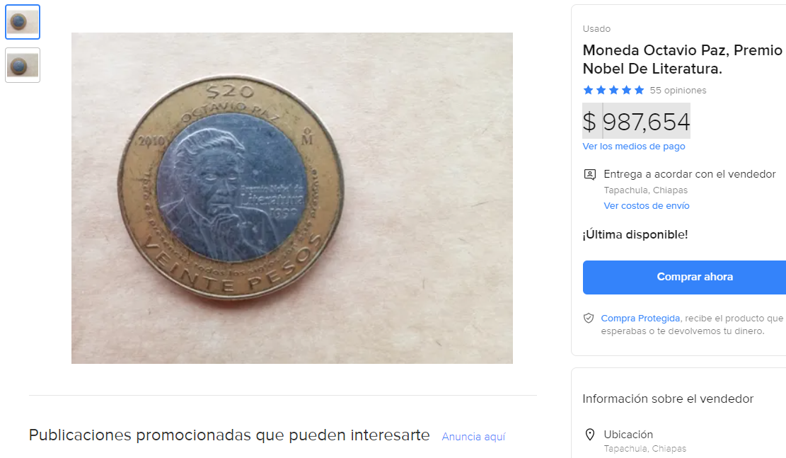 Moneda acuñada por el vigésimo aniversario de la entrega del Premio Nobel de Literatura a Octavio Paz. (Foto: Mercado Libre)