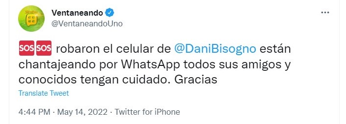 El vespertino dio aviso a todos los conocidos sobre el robo a Daniel Twitter: @Ventaneando