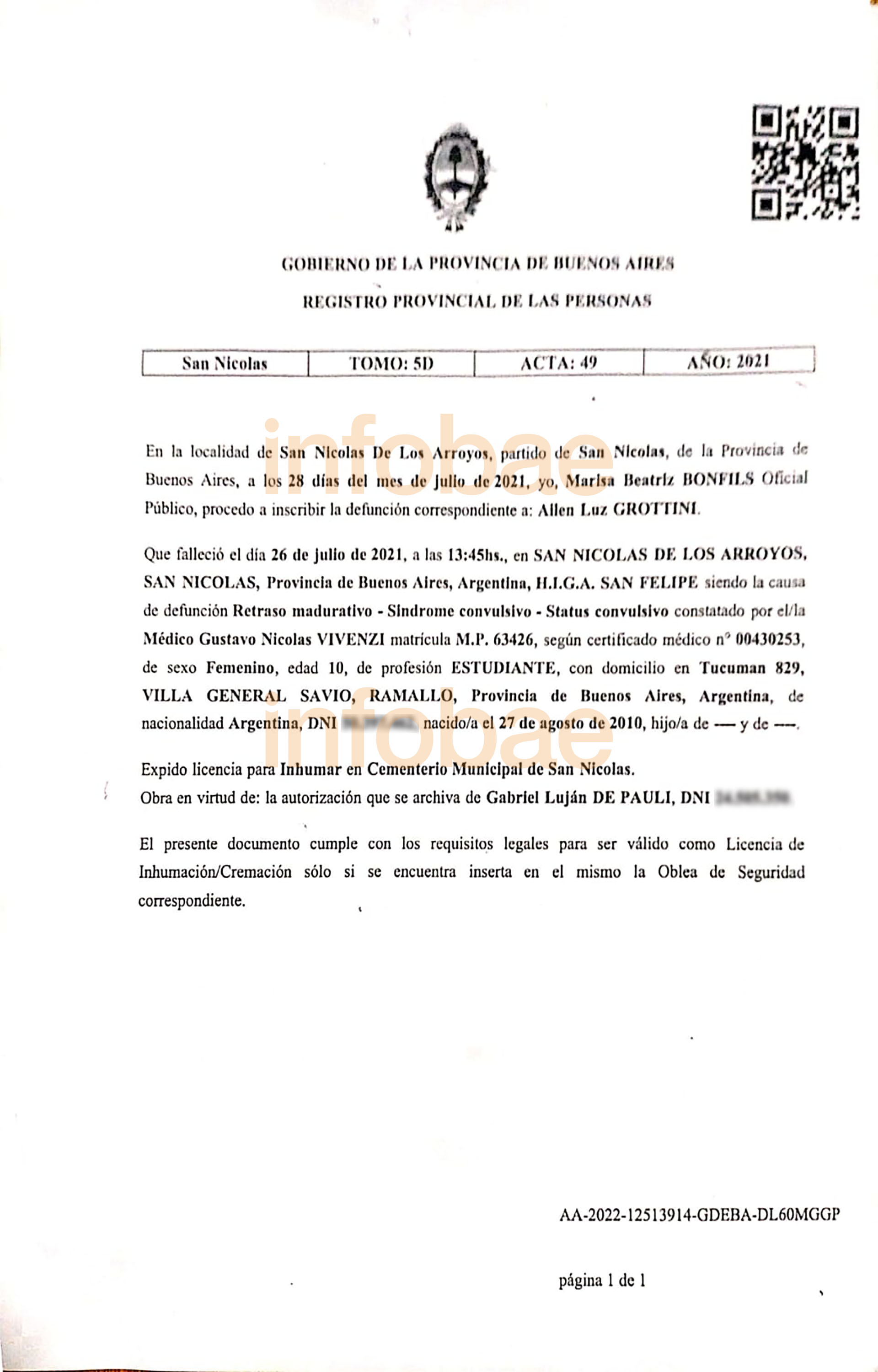 Uno de los certificados de defunción a los que accedió Infobae