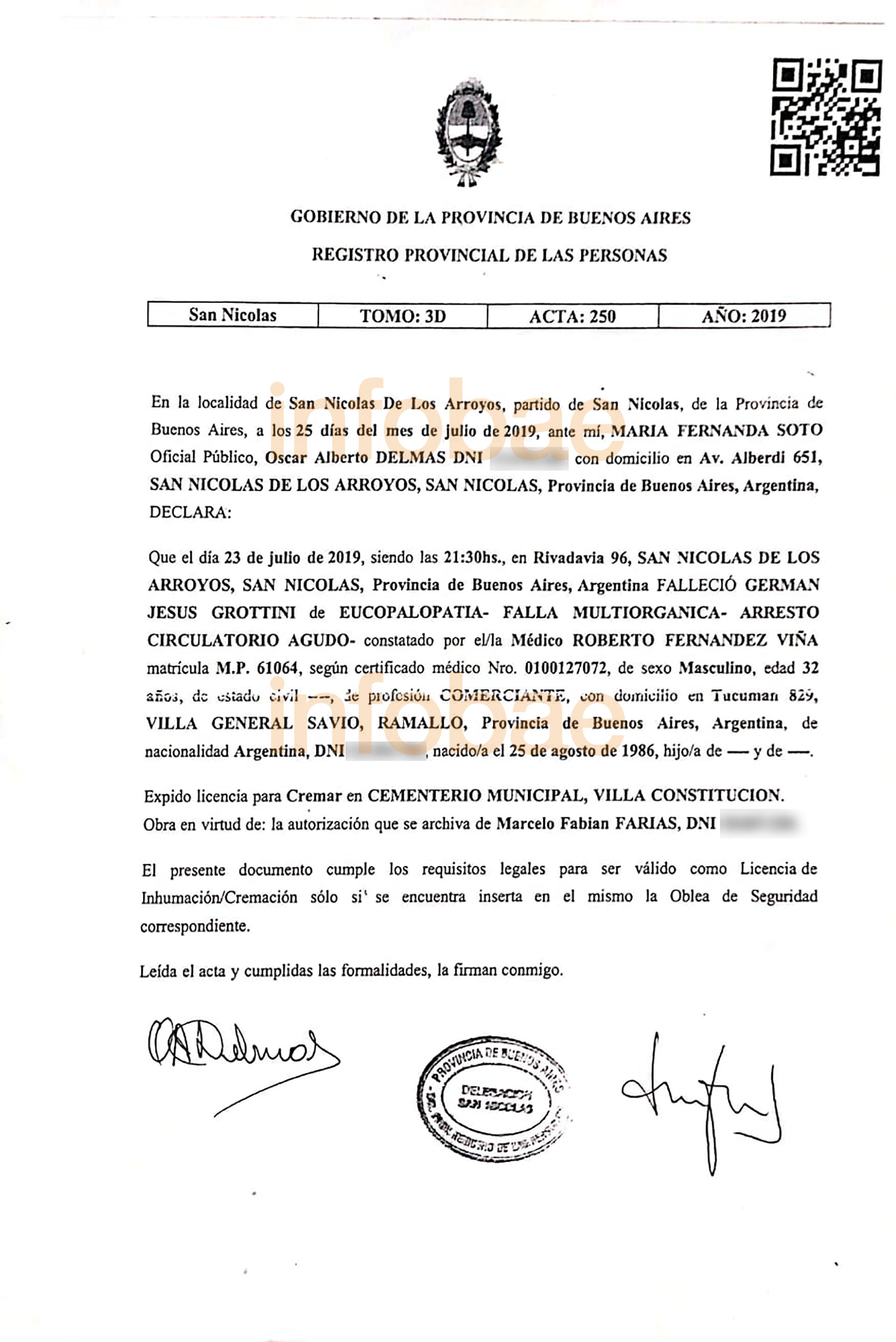 Uno de los certificados de defunción a los que accedió Infobae