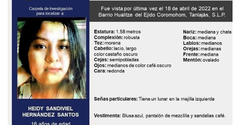 Heidy Sandivel, de 16 años, fue encontrada en una parcela de maíz en el ejido de Los Sabinos, en San Luis Potosí.