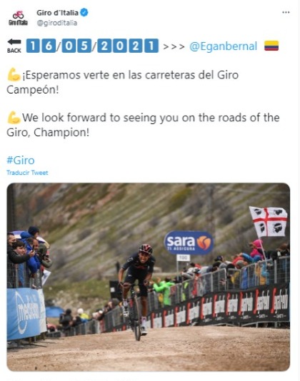 Giro de Italia dedica un mensaje de pronta recuperación a Egan Bernal, mientras recuerda una de las victorias de etapa que tuvo el colombiano en 2021. Pantallazo Twitter Giro de Italia