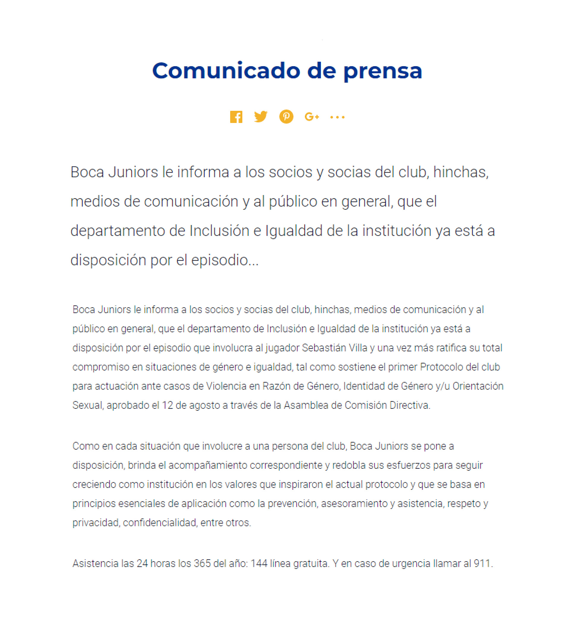 Comunicado de Boca sobre el caso de Sebastián Villa