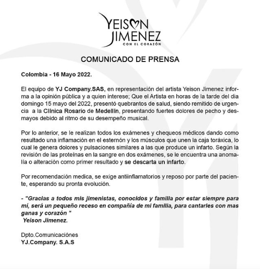 Comunicado Oficial Yeison Jiménez sobre su estado de salud. Tomado de Instagram @yeison_jimenez