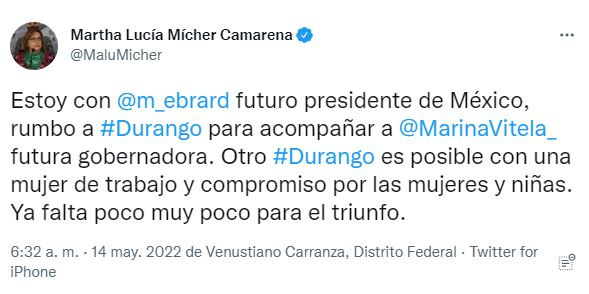 La senadora de Morena llamó a Ebrard "el futuro presidente de México" (Foto: Twitter/@MaluMicher)