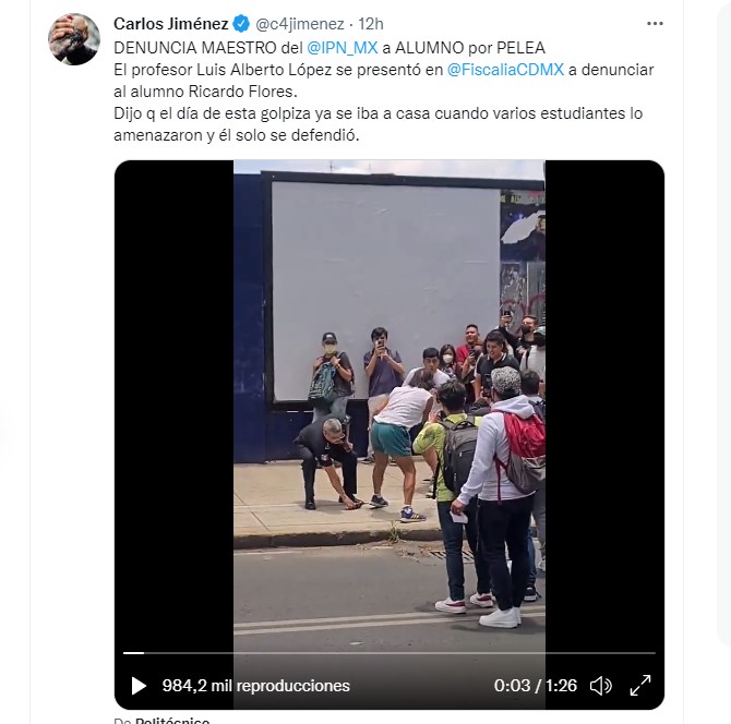 El profesor del Instituto Politécnico Nacional (IPN) argumentó defensa propia tras pelea en Zacatenco (Foto: Twitter / @c4jimenez)