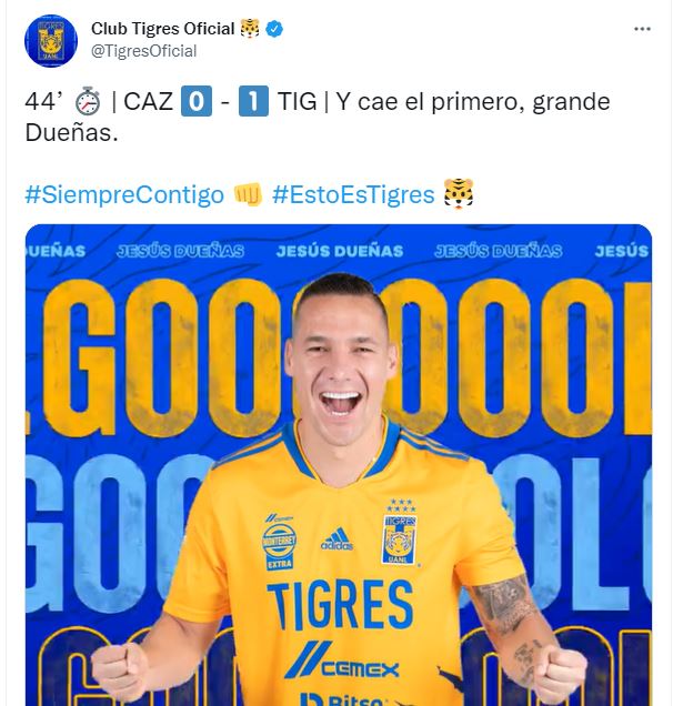 Así festejó Tigres el gol de Jesús Dueñas a Cruz Azul (Foto: Twitter/@TigresOficial)