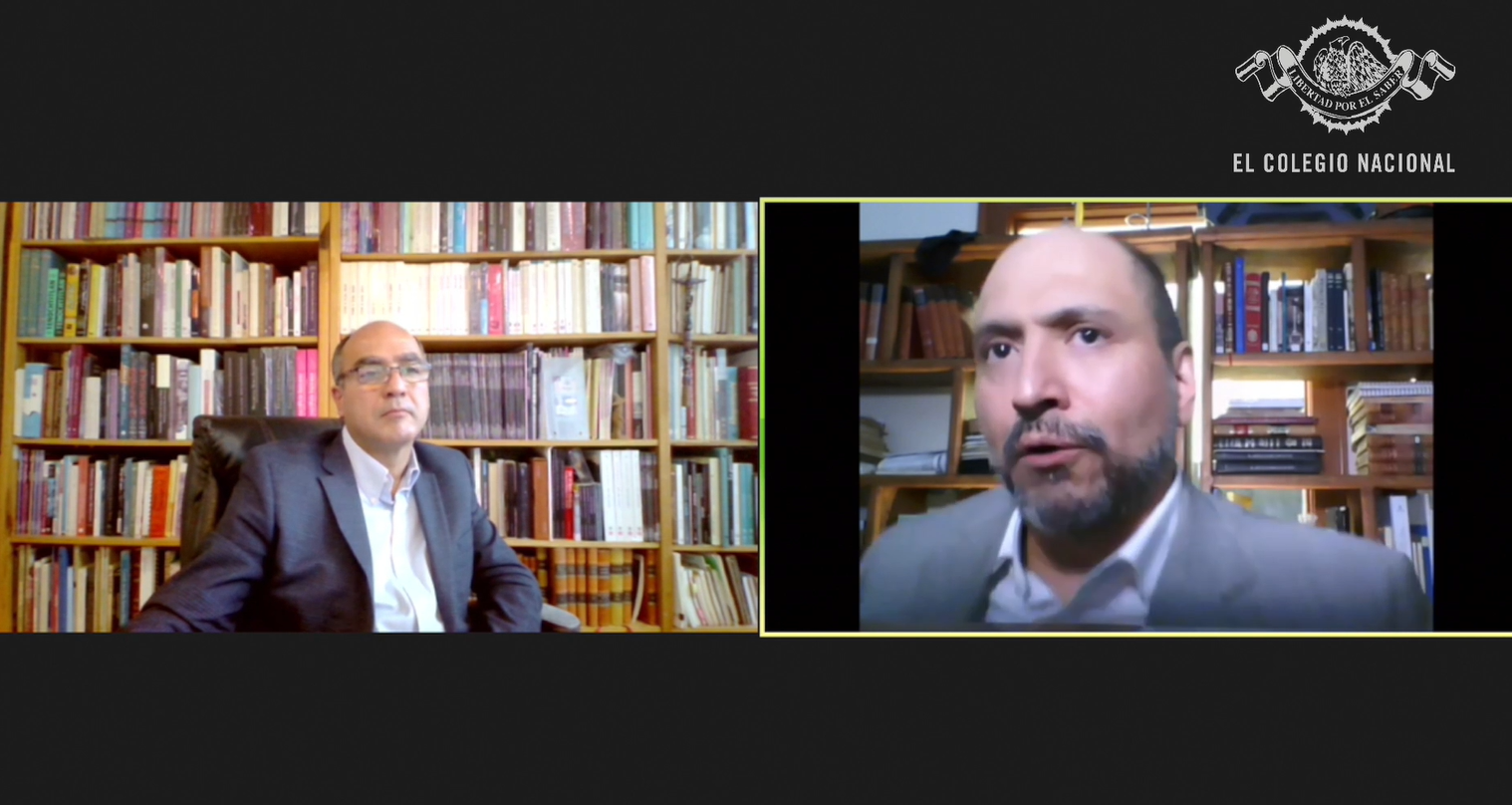 Gerardo Gutiérrez Mendoza y Leonardo López Luján durante el ciclo de conferencias "La arqueología hoy" de El Colegio Nacional. Foto: INAH