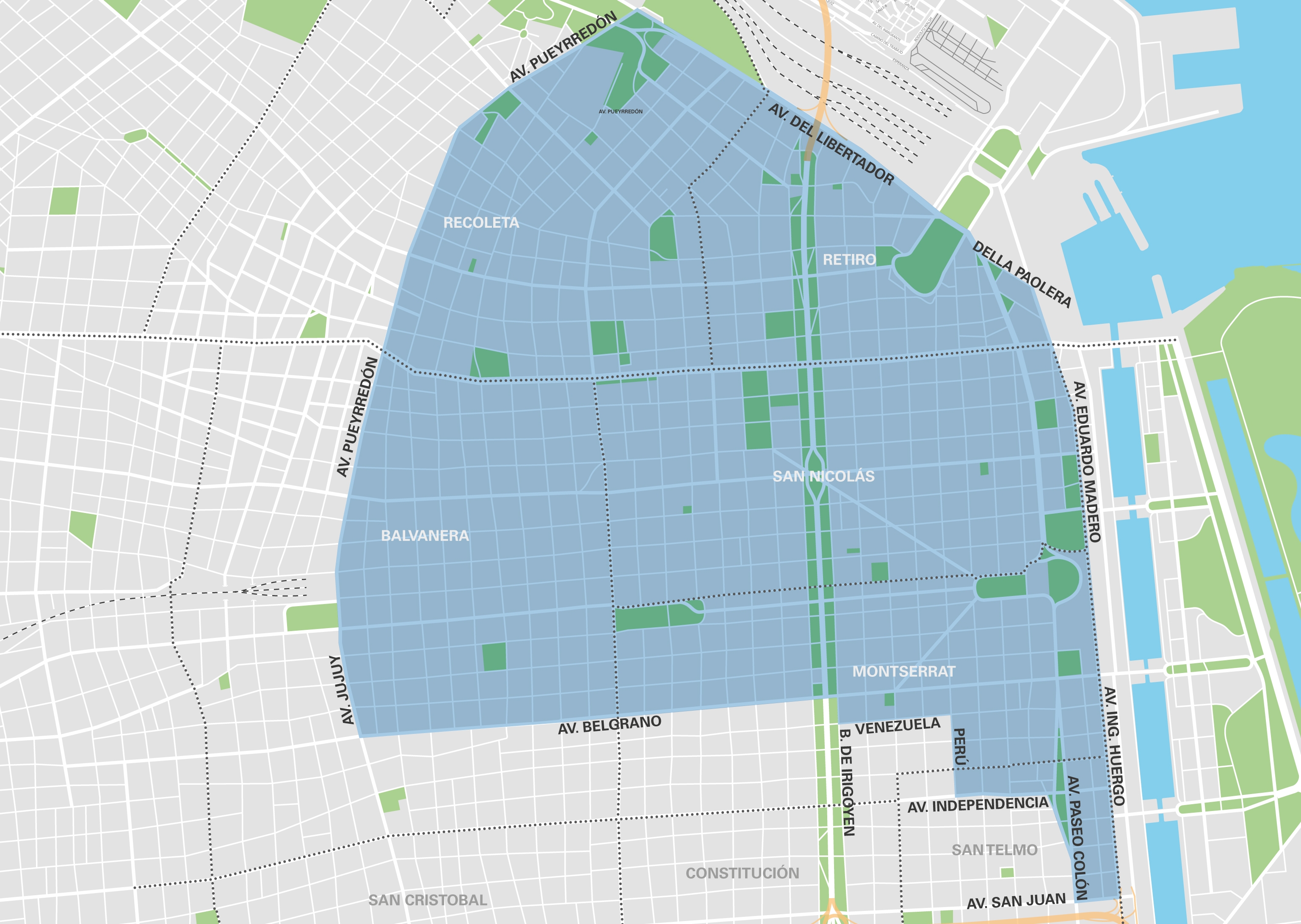 Mapa ilustrativo de la zona tarifada. Para conocer los espacios habilitados para estacionar de acuerdo a la normativa vigente, chateá con Boti al 11-5050-0147 y escribí la palabra “estacionamiento”