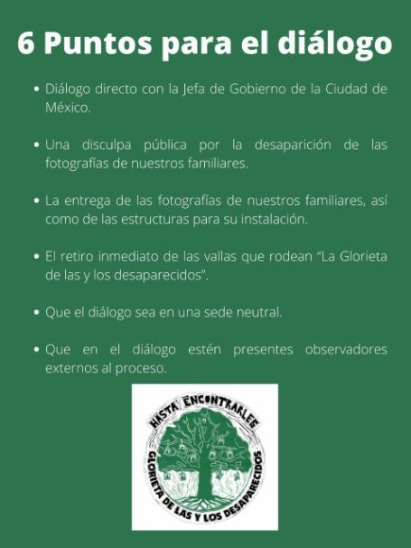 Fueron seis condiciones que establecieron los colectivos para que se llevara a cabo el diálogo (foto: @corazonausentes)