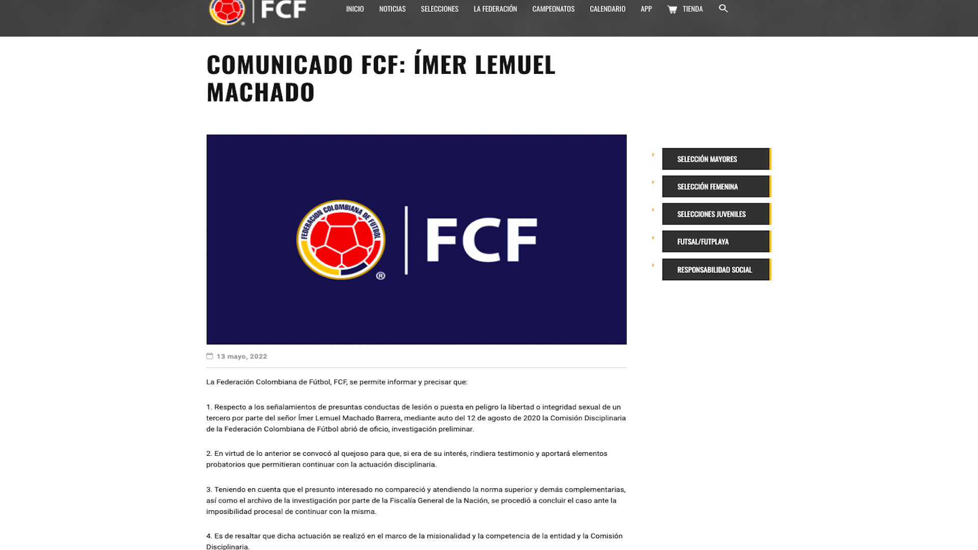 Comunicado de la FCF sobre el exárbitro colombiano Ímer Lemuel Machado / (fcf.com.co)