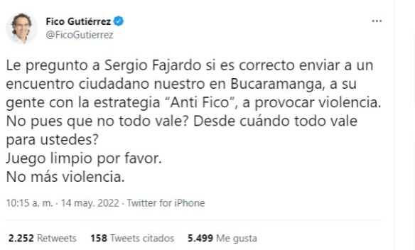En Twitter Federico Gutiérrez cuestiona a Sergio Fajardo por lo inconvenientes que presentó en su campaña en Bucaramanga el líder del Equipo por Colombia. Foto: Pantallazo Twitter Federico Gutiérrez.