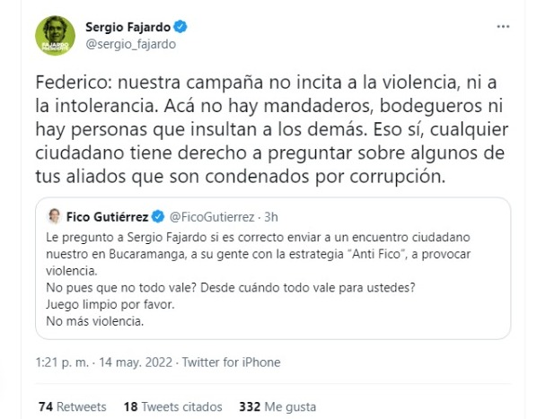 Sergio Fajardo responde a la acusación de 'Fico' Gutiérrez sobre la supuesta campaña "antiFico" en Bucaramanga en Twitter. Pantallazo Twitter Sergio Fajardo.