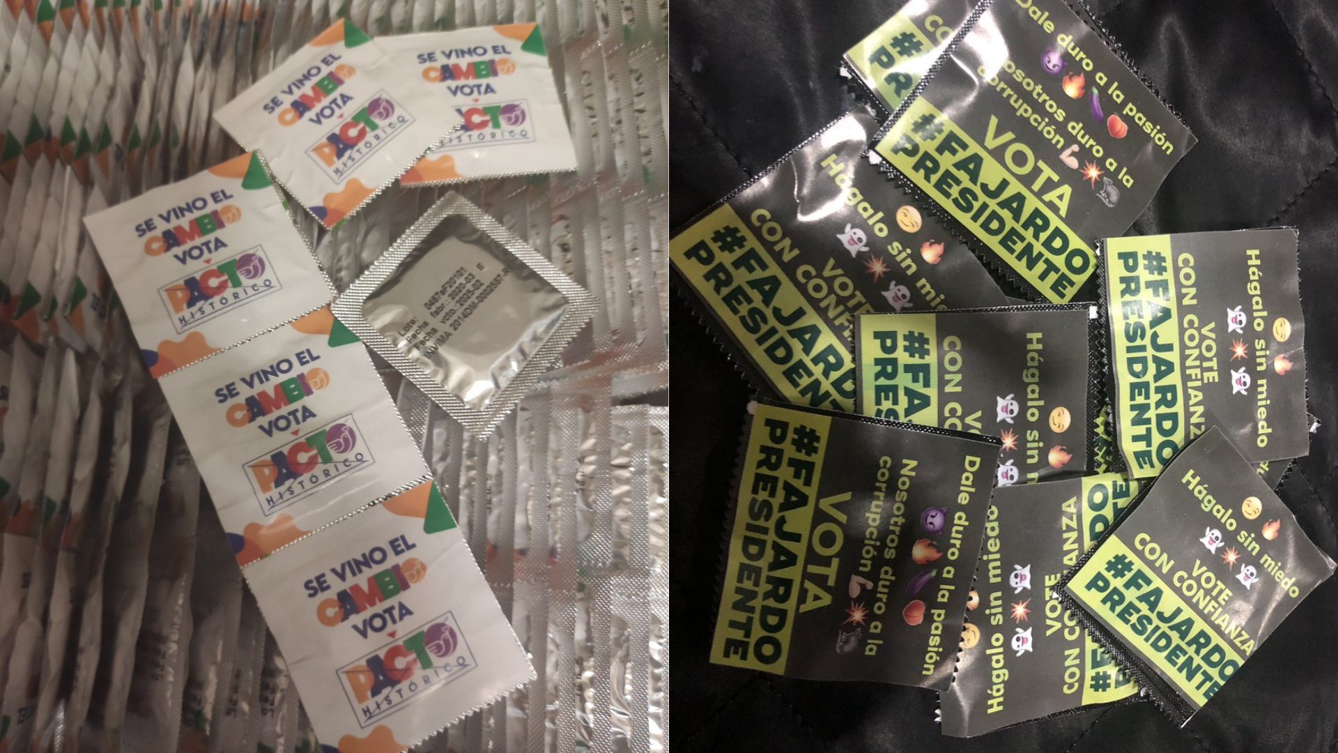 Condones en campañas presidenciales y al Congreso de la República. Captura de pantalla de Twitter @ISAZULETA y @tequila_sinL