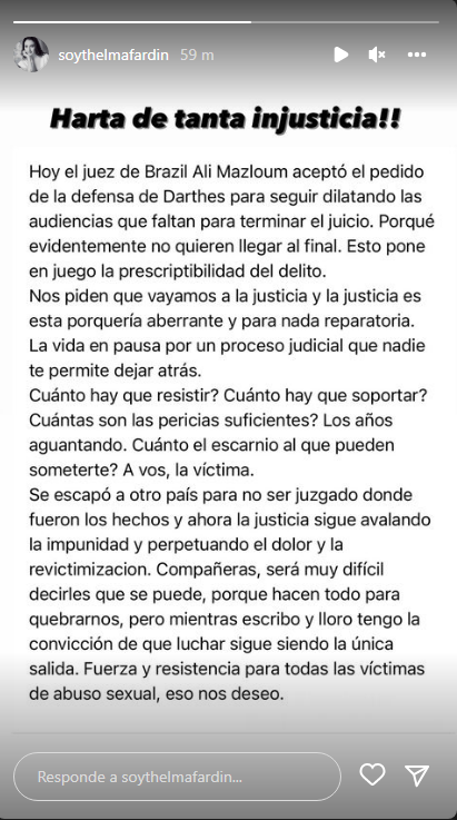 El comunicado de Thelma Fardin en Instagram