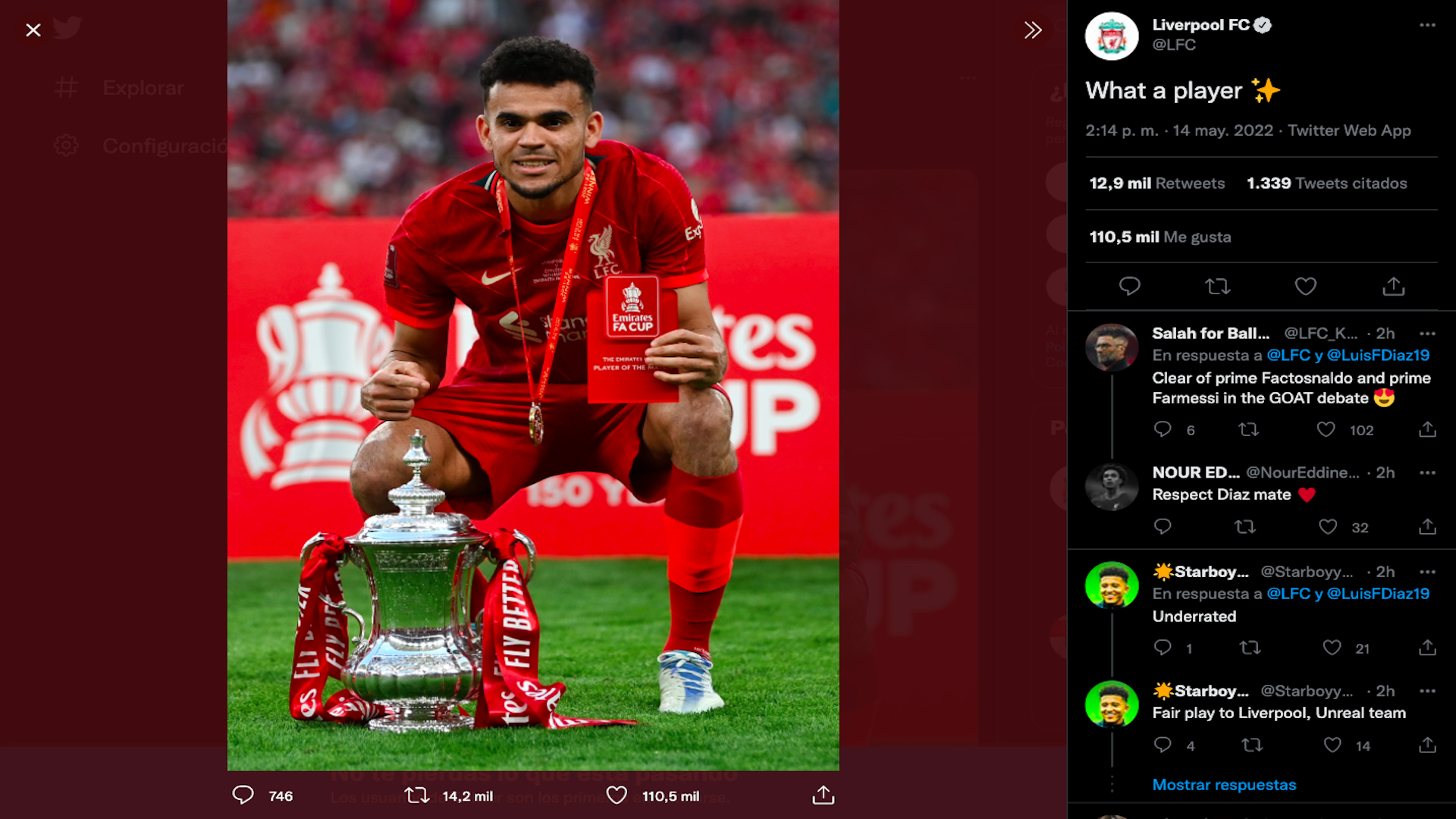 Luis Díaz fue elegido el mejor jugador de Liverpool en la final de la FA Cup 2021/22 / (Twitter: @LFC)