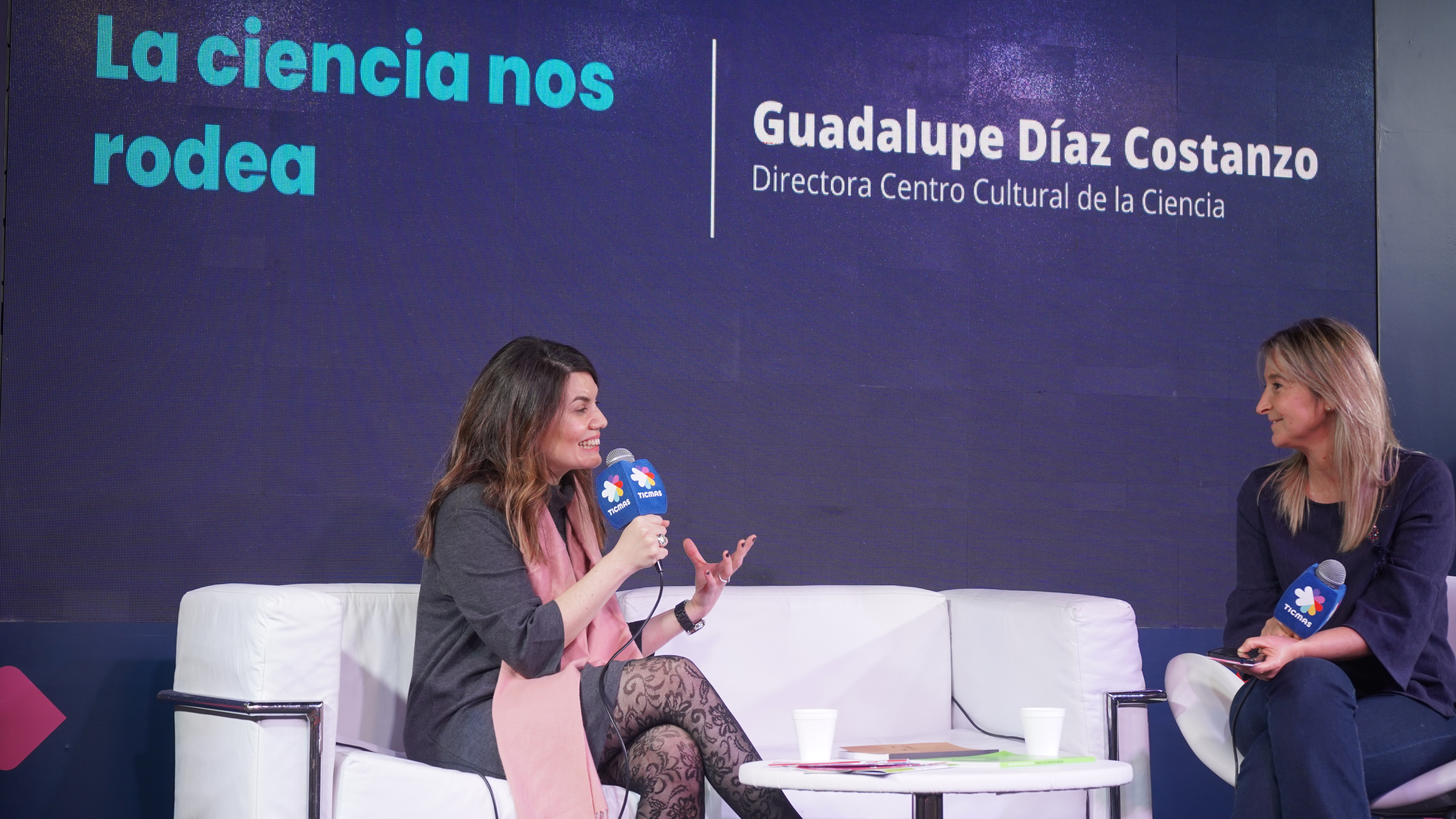 Guadalupe Díaz Costanzo, directora del C3, entrevistada por Laura Marinucci en el auditorio de Ticmas en la Feria del Libro