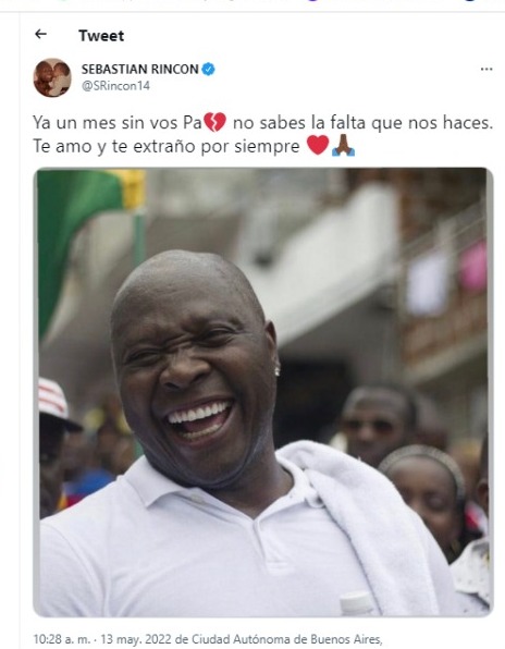 Sebastián Rincón recuerda con emotividad a su padre a un mes de su muerte. Imagen: Pantallazo de Twitter.