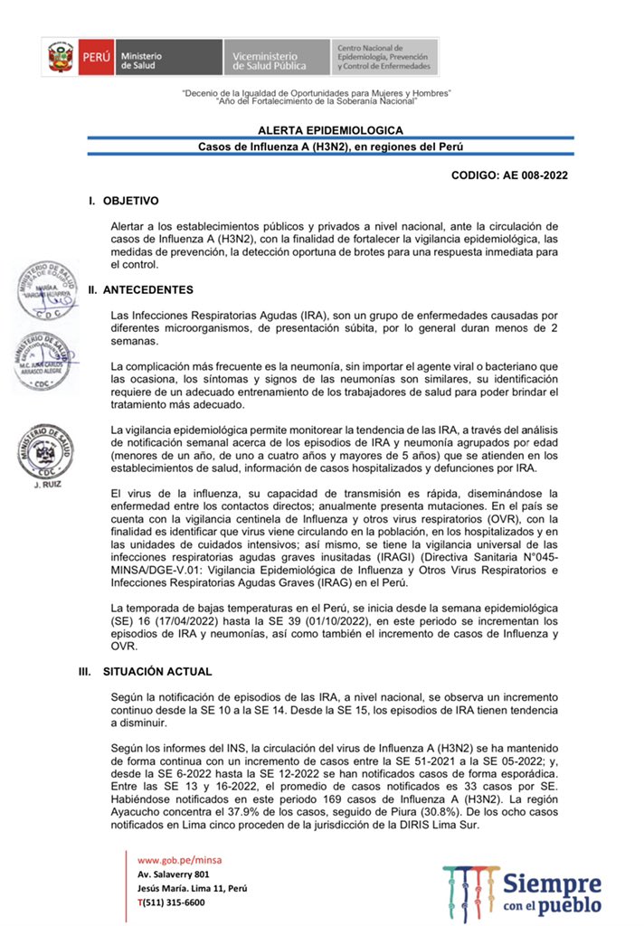 El Minsa declaró la Alerta Epidemiológica por la Alerta por Influenza A(H3N2).