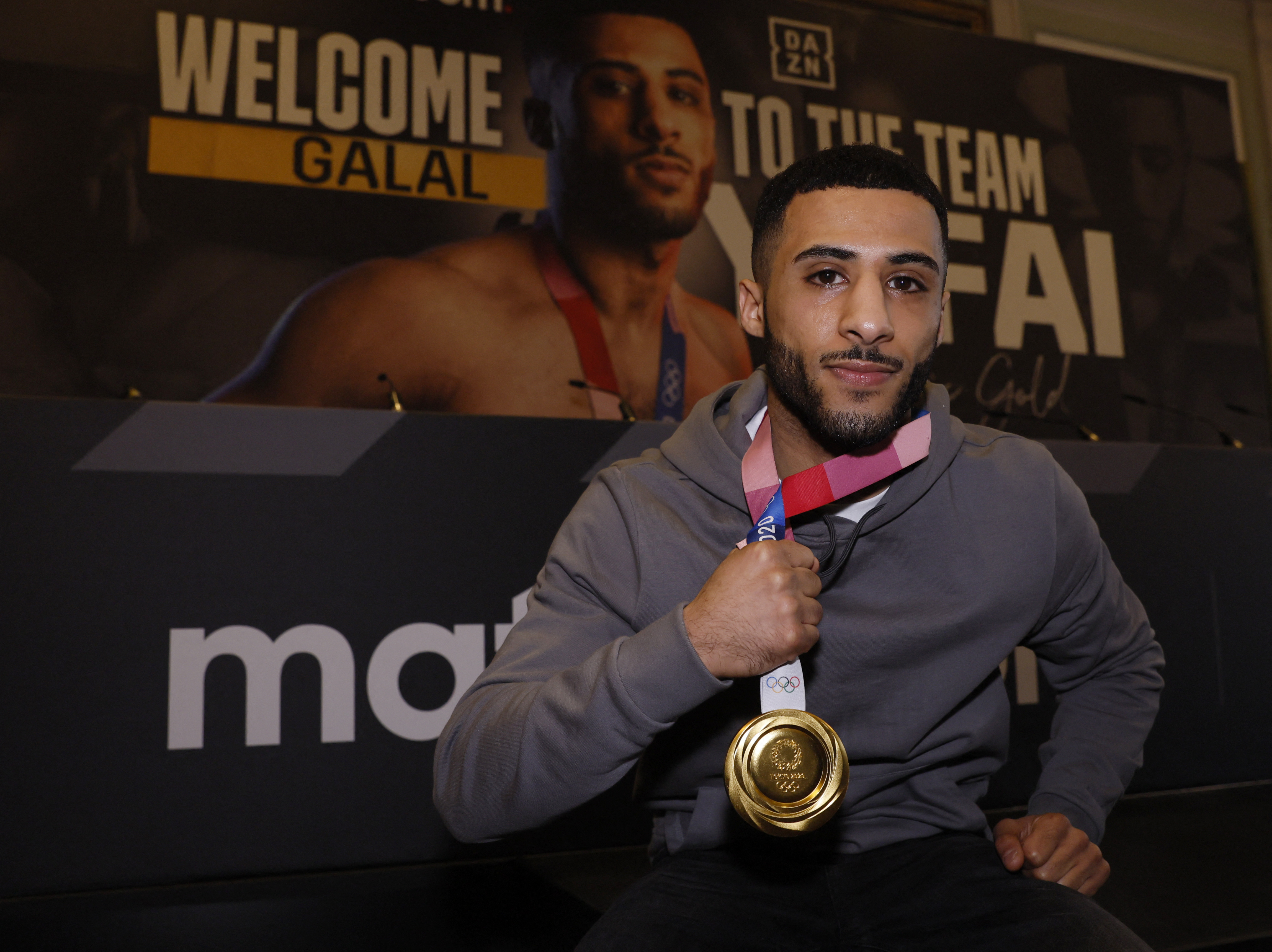 Boxing - Lawrence Okolie & MIchal Cieslak Press Conference - London, Britain - January 27, 2022 Galal Yafai poses with his Olympic gold medal during the press conference Action Images via Reuters/Andrew Couldridge