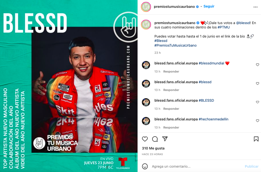 Blessd cuenta con 4 nominaciones a los Premios 'Tu Música Urbano'. Tomado de Instagram @premiostumusicaurbano