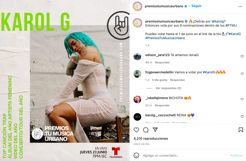 La artista Karol G, cuenta con 9 nominaciones en las diferentes categorías de los Premios 'Tu Música Urbano'. Tomada de Instagram @premiostumusicaurbano