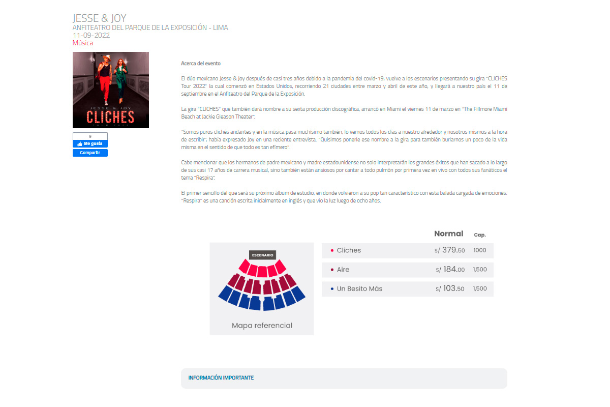 Precios y zonas para ver a Jesse & Joy en Lima.