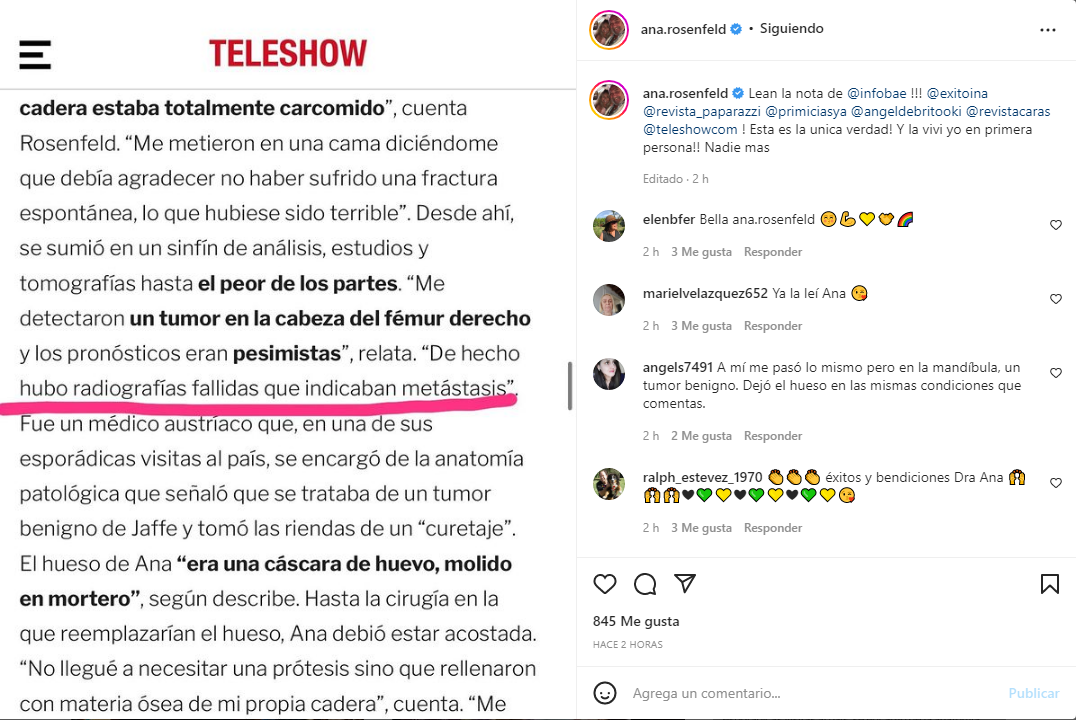 El descargo de Ana Rosenfeld, mencionando la nota de Teleshow
