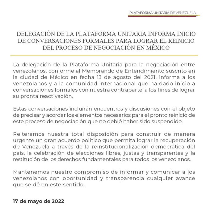 El mensaje difundido por el representante de la Plataforma Unitaria, Gerardo Blyde