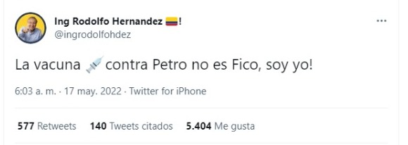 Rodolfo Hernández asegura ser la fórmula para contrarrestar la llegada de Petro a la presidencia. imagen: Pantallazo de Twitter