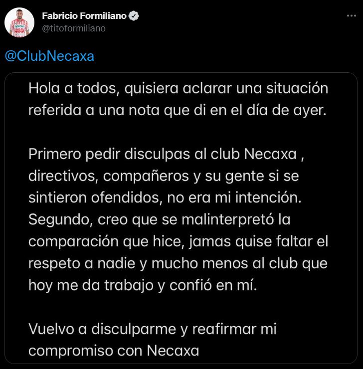 Fabricio Formiliano se disculpó un día después de haber emitido sus declaraciones (Foto: Twitter/@titoformiliano)