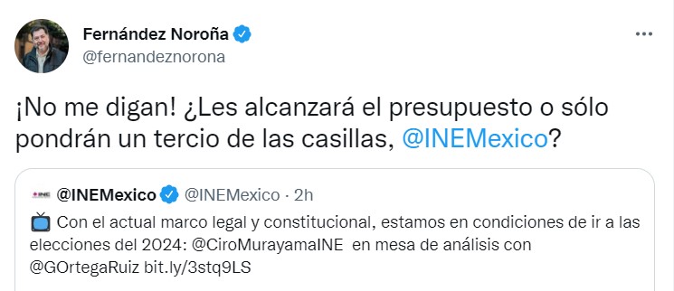 Noroña cuestionó al funcionario electoral si de verdad les alcanzará el presupuesto para llevar a cabo el proceso electoral (Foto: Twitter/@fernandeznorona)