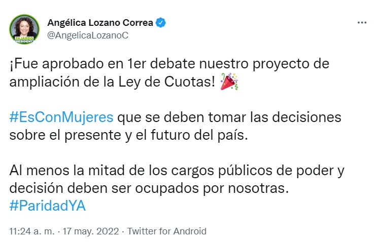 Aprueban Ley de Cuotas en primer debate. Captura de pantalla