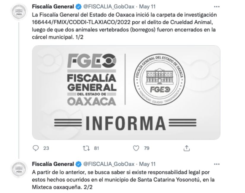 La FGE anunció que llevaría a cabo una investigación por crueldad (foto: FGE Oaxaca)