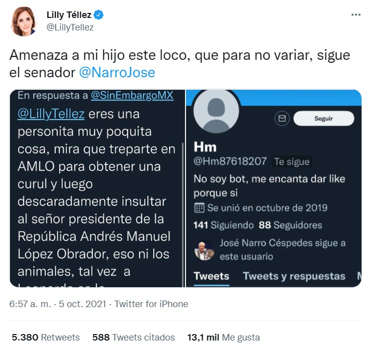 La senadora informó en redes sociales que recibió amenazas de muerte contra ella y su hijo (Foto: Twitter/@LillyTellez)