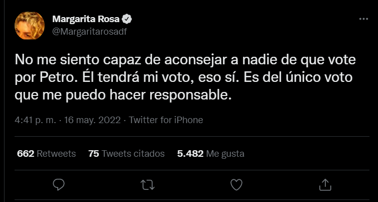 A través de Twitter, Margarita Rosa de Francisco indicó que no se siente "capaz de aconsejar a ninguna persona para que vote por Gustavo Petro de cara a la primera vuelta presidencial. FOTO: Vía Twitter (@Margaritarosadf)
