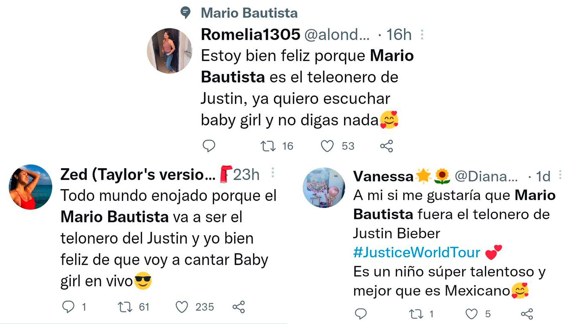 Las opiniones de internautas en Twitter sobre Mario Bautista y Justin Bieber. Foto:Twitter
