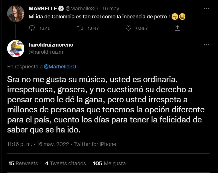 Un simpatizante de Gustavo Petro criticó uno de los trinos que publicó Marbelle recientemente contra el candidato presidencial del Pacto Histórico. FOTO: vía Twitter (@Marbelle30)