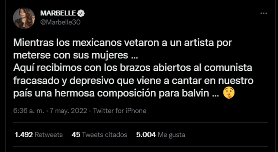 A través de Twitter, Marbelle criticó a Residente y su posible concierto en Colombia. FOTO: Vía Twitter (marbelle30)