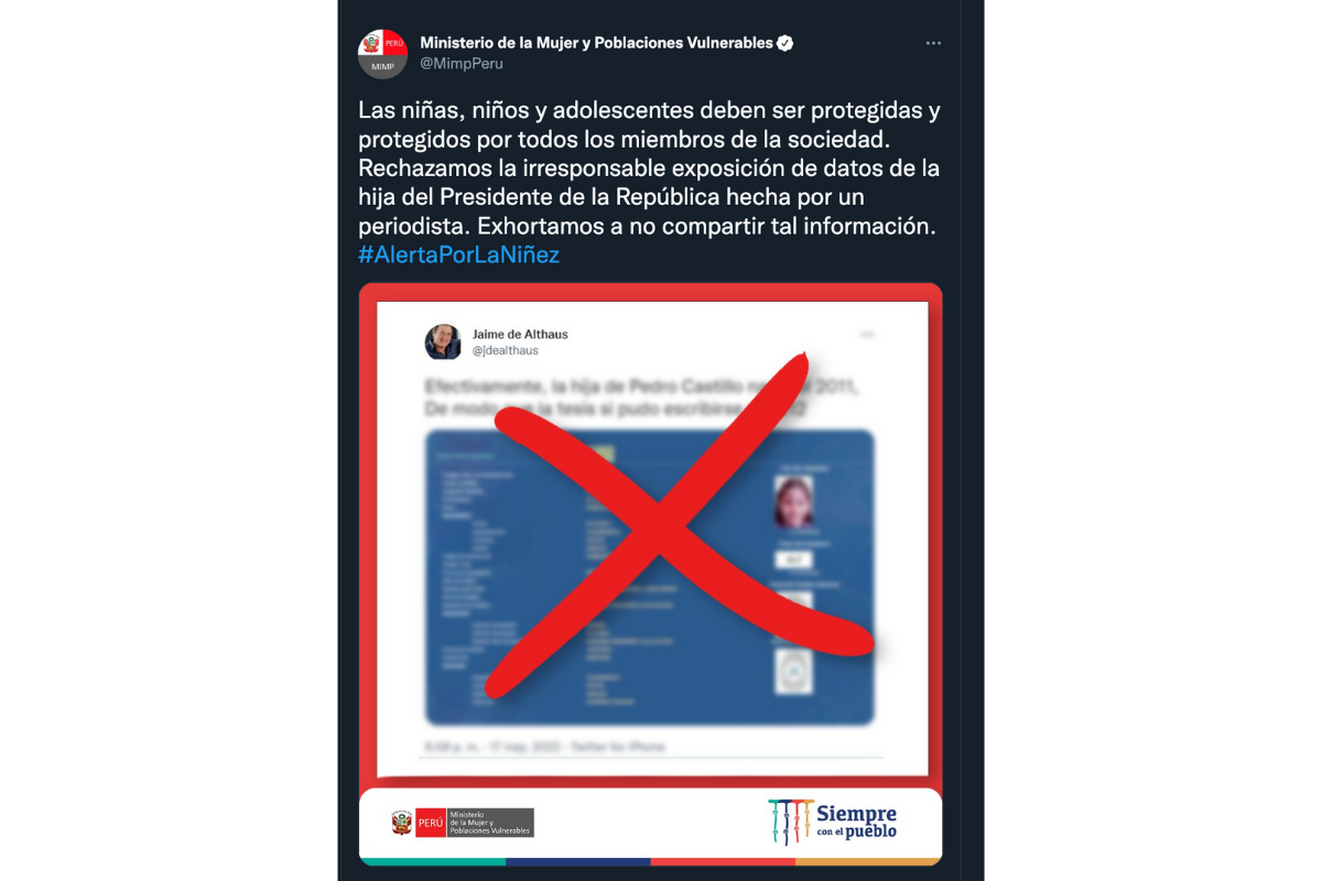 Ministerio de la Mujer rechaza divulgación de datos de la hija de Pedro Castillo